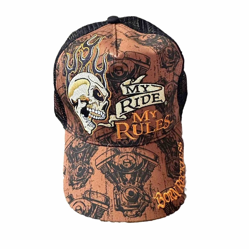 Flame Skull My Ride My Rules Hat Born Reckless Motorcycle Mesh Cap‎ OS